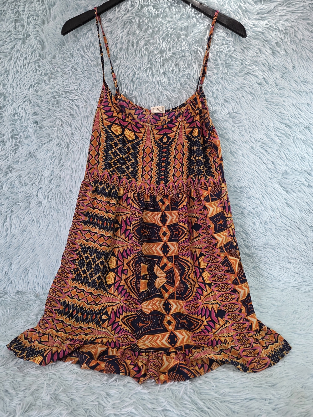 One Clothing Boho Tribal Geometric Ruffle Hem Spaghetti Strap Mini Dress L